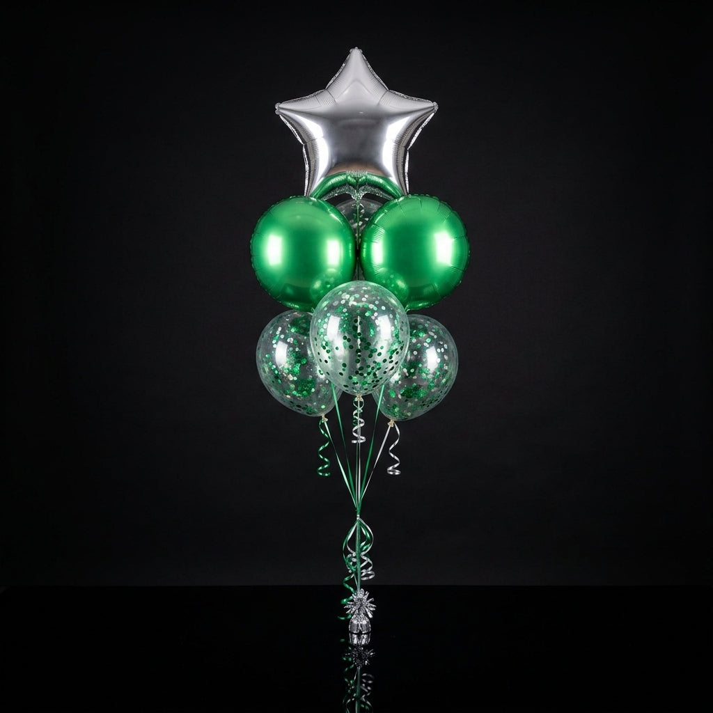 1 Silver Star Balloon with 2 Green Round Helium Foil Balloons & 3 Green Confetti Balloons bloomsandbeansae