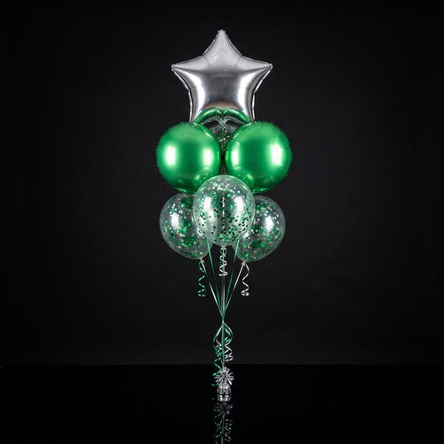 1 Silver Star Balloon with 2 Green Round Helium Foil Balloons & 3 Green Confetti Balloons bloomsandbeansae
