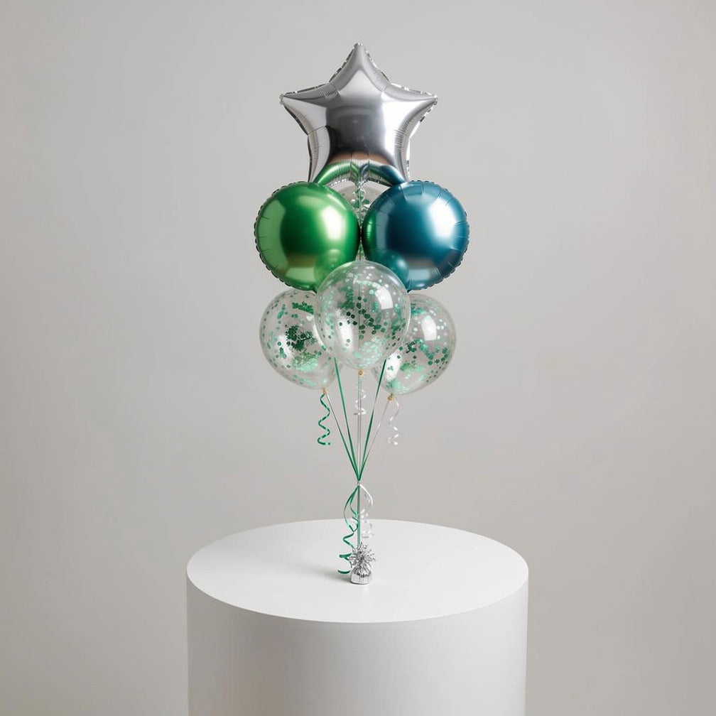 1 Silver Star Balloon with 2 Green Round Helium Foil Balloons & 3 Green Confetti Balloons