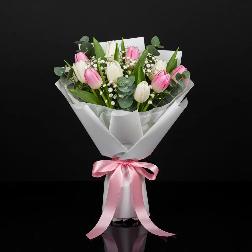 10 White & Pink Tulips Bouquet for Birthday bloomsandbeansae