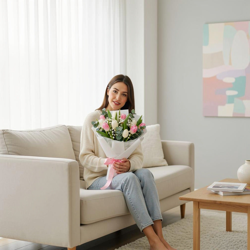 10 White & Pink Tulips Bouquet for Birthday held by a model, view 3