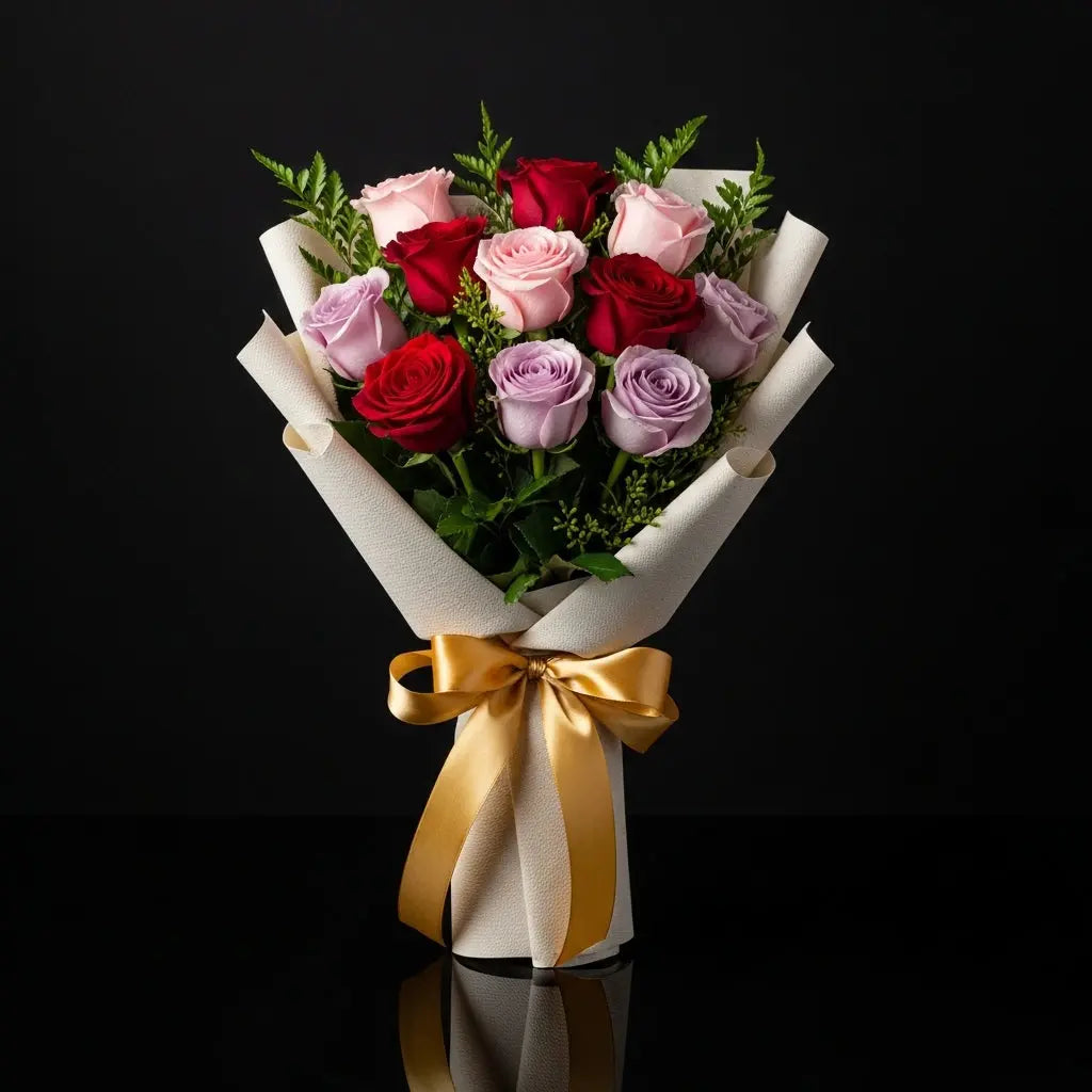 12 Pink, Red & Purple Rose Bouquet for Anniversary bloomsandbeansae