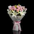 12 Pink Roses & 6 White Lilies Bouquet for Birthday bloomsandbeansae