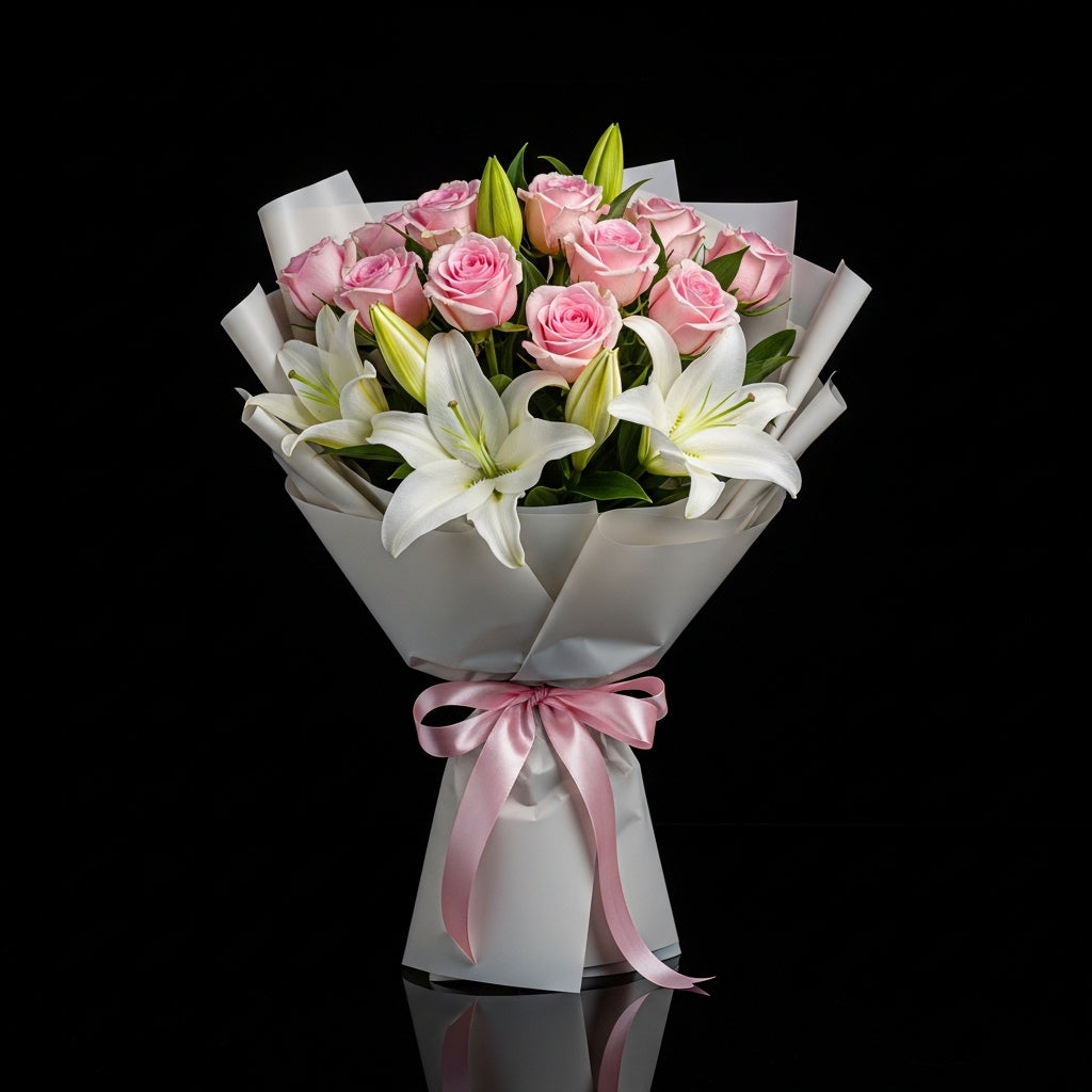 12 Pink Roses & 6 White Lilies Bouquet for Birthday bloomsandbeansae