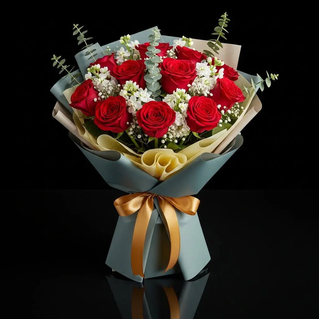 12 Red Roses & White Matthiola Bouquet for Anniversary bloomsandbeansae