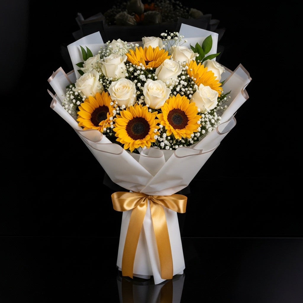 12 White Roses & 5 Sunflowers Bouquet for Birthday bloomsandbeansae