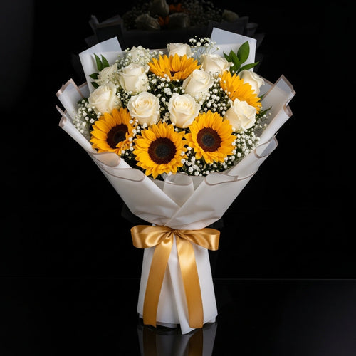 12 White Roses & 5 Sunflowers Bouquet for Birthday bloomsandbeansae