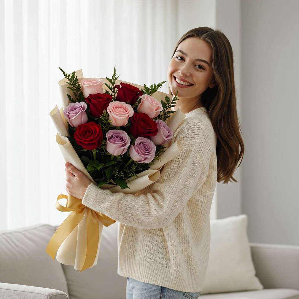 12 Pink, Red & Purple Rose Bouquet for Anniversary held by a model, view 1