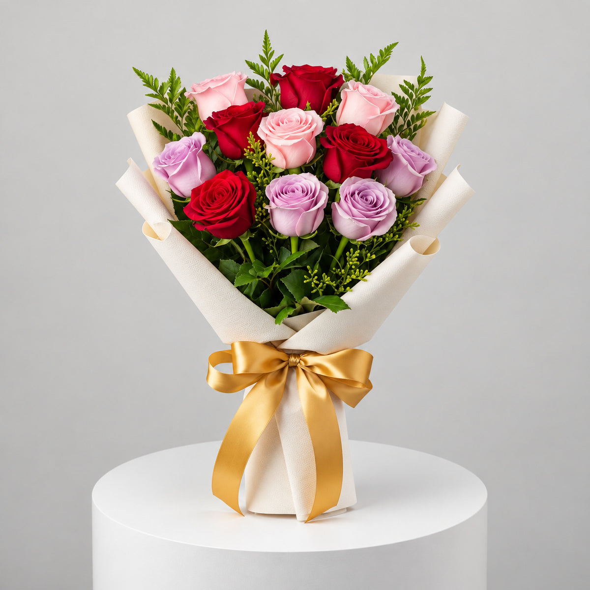 12 Pink, Red & Purple Rose Bouquet for Anniversary