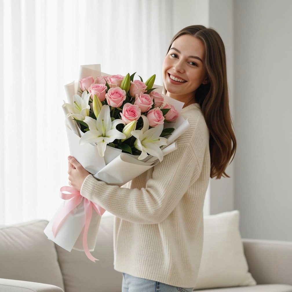 12 Pink Roses & 6 White Lilies Bouquet for Birthday held by a model, view 1