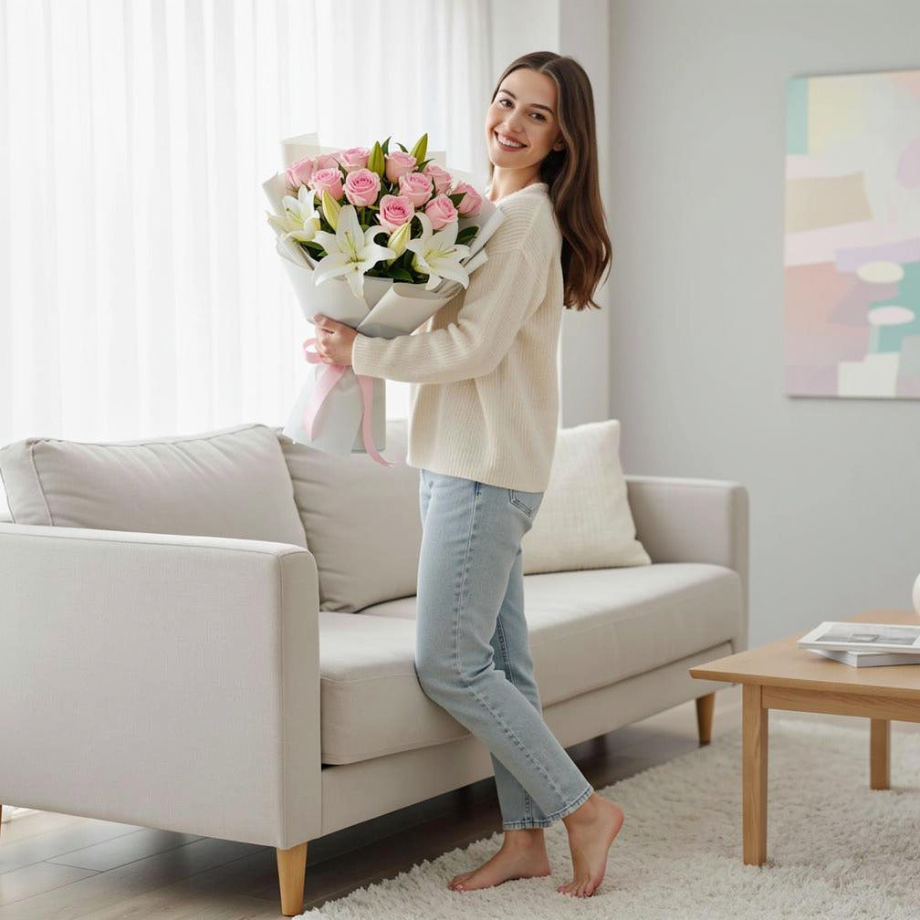 12 Pink Roses & 6 White Lilies Bouquet for Birthday held by a model, view 2