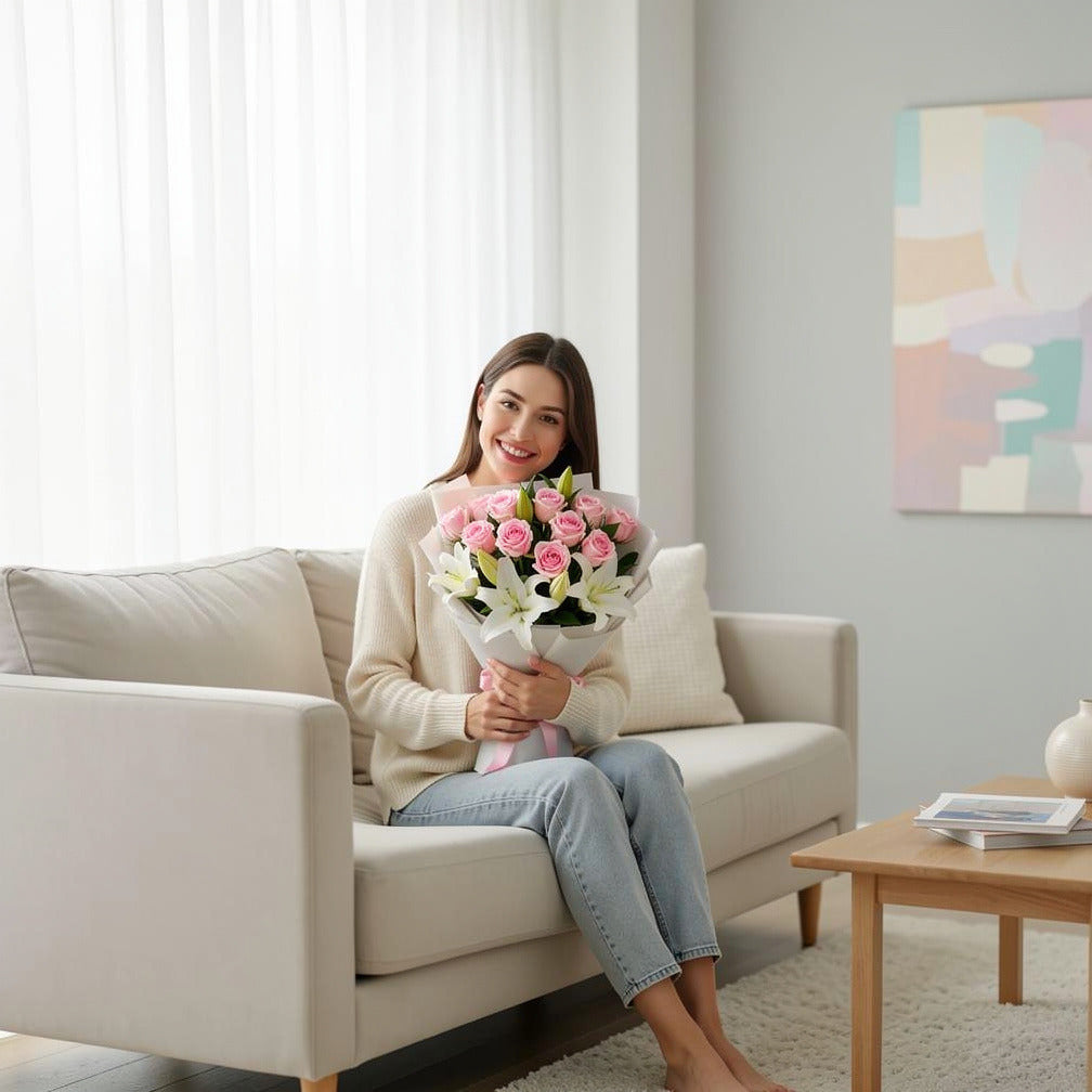 12 Pink Roses & 6 White Lilies Bouquet for Birthday held by a model, view 3