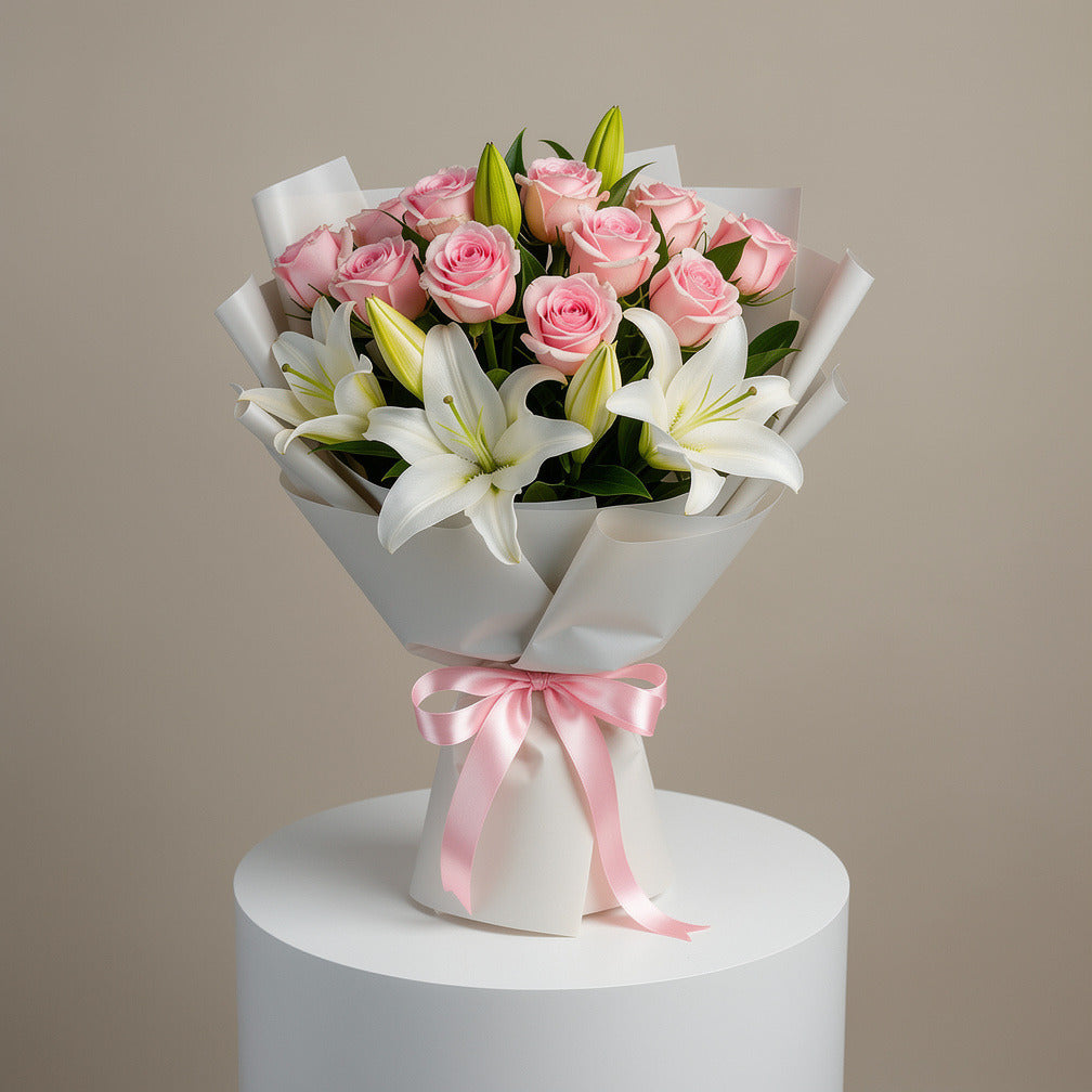 12 Pink Roses & 6 White Lilies Bouquet for Birthday