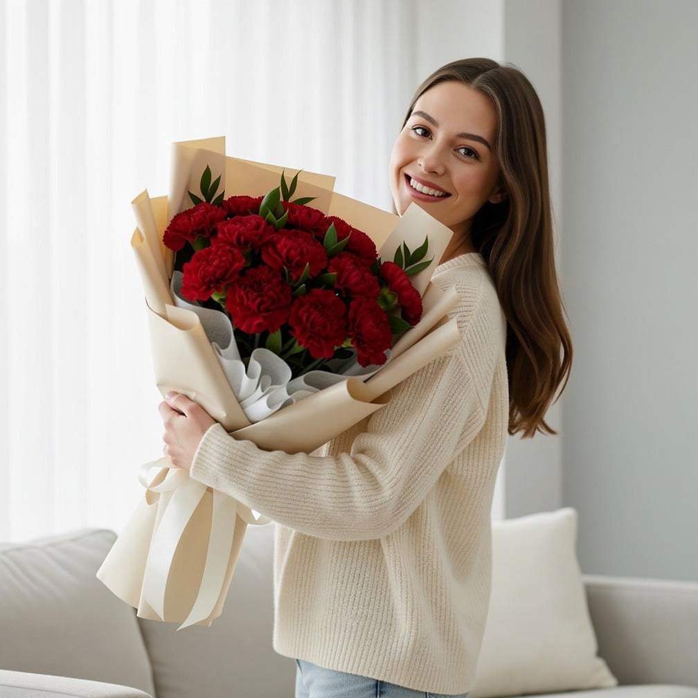 12 Red Carnation Bouquet for Anniversary held by a model, view 1