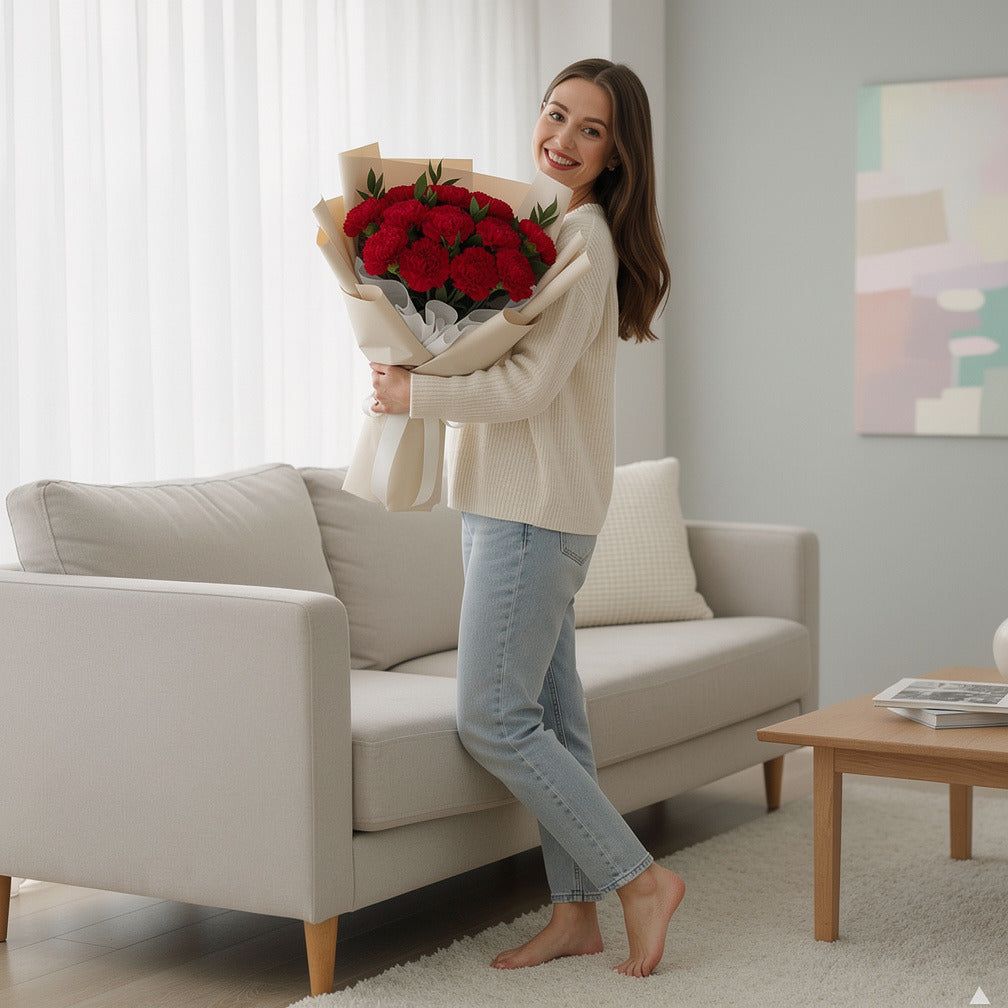 12 Red Carnation Bouquet for Anniversary held by a model, view 2
