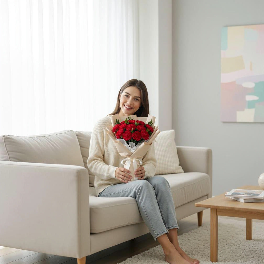 12 Red Carnation Bouquet for Anniversary held by a model, view 3