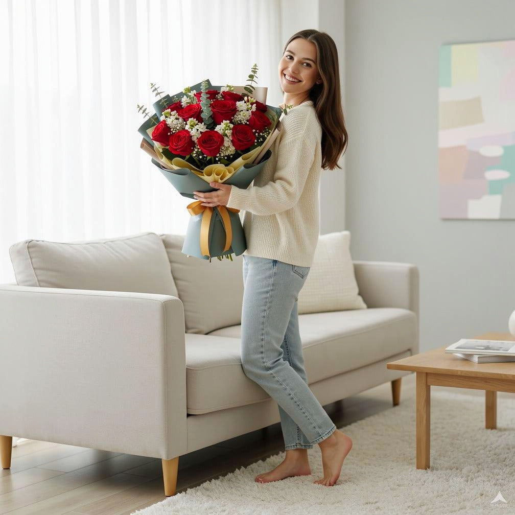 12 Red Roses & White Matthiola Bouquet for Anniversary held by a model, view 2