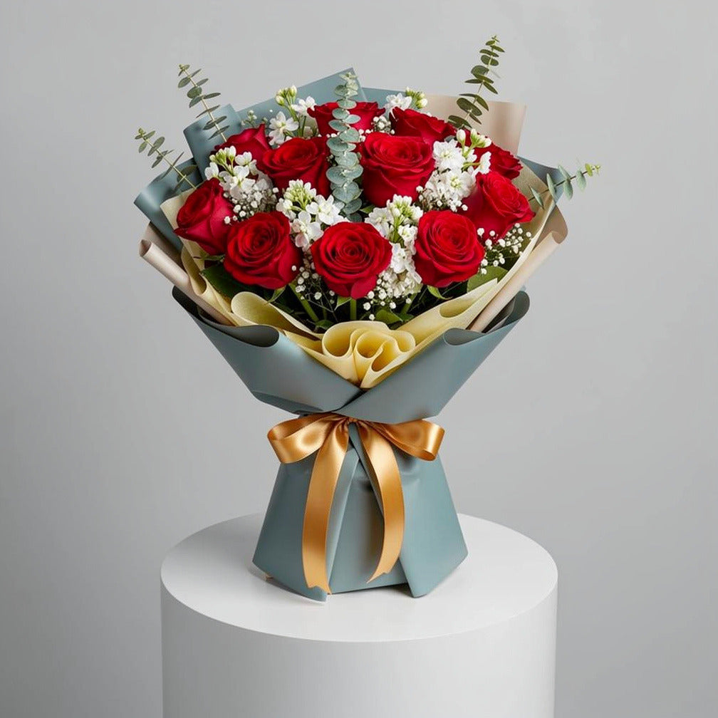12 Red Roses & White Matthiola Bouquet for Anniversary