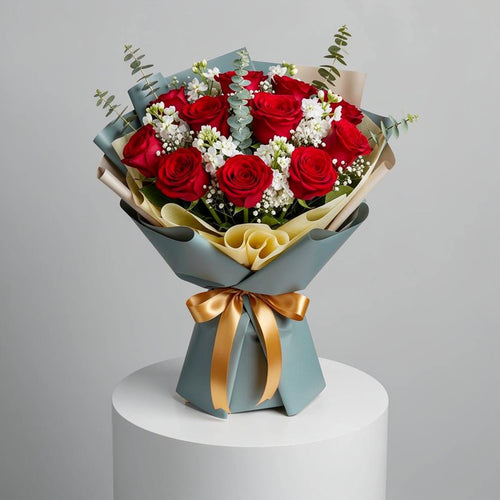 12 Red Roses & White Matthiola Bouquet for Anniversary
