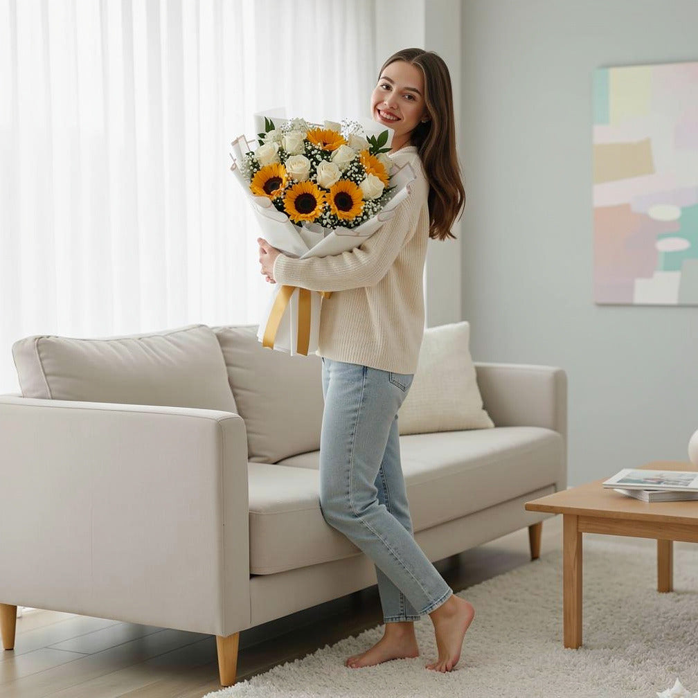 12 White Roses & 5 Sunflowers Bouquet for Birthday held by a model, view 2