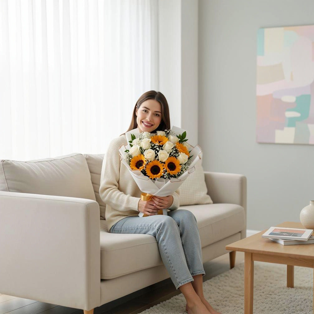 12 White Roses & 5 Sunflowers Bouquet for Birthday held by a model, view 3