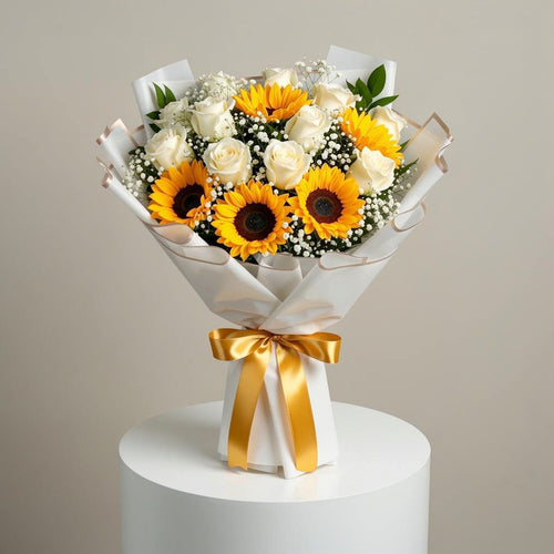 12 White Roses & 5 Sunflowers Bouquet for Birthday