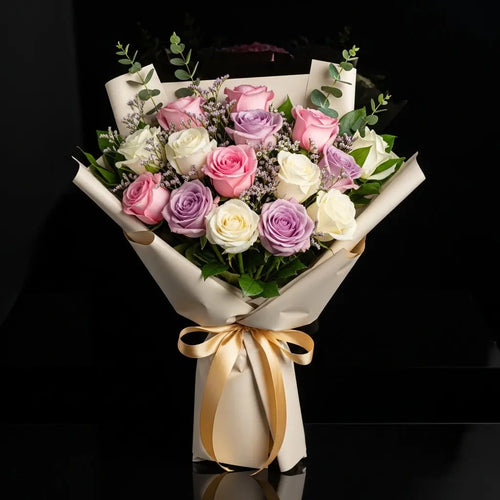 15 Pink, White & Purple Rose Bouquet for Anniversary bloomsandbeansae