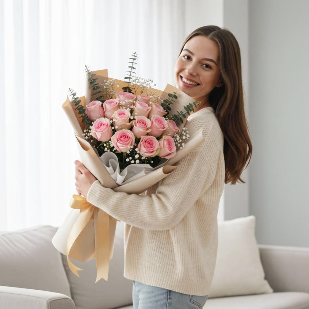 15 Pink Rose Bouquet for Anniversary held by a model, view 1