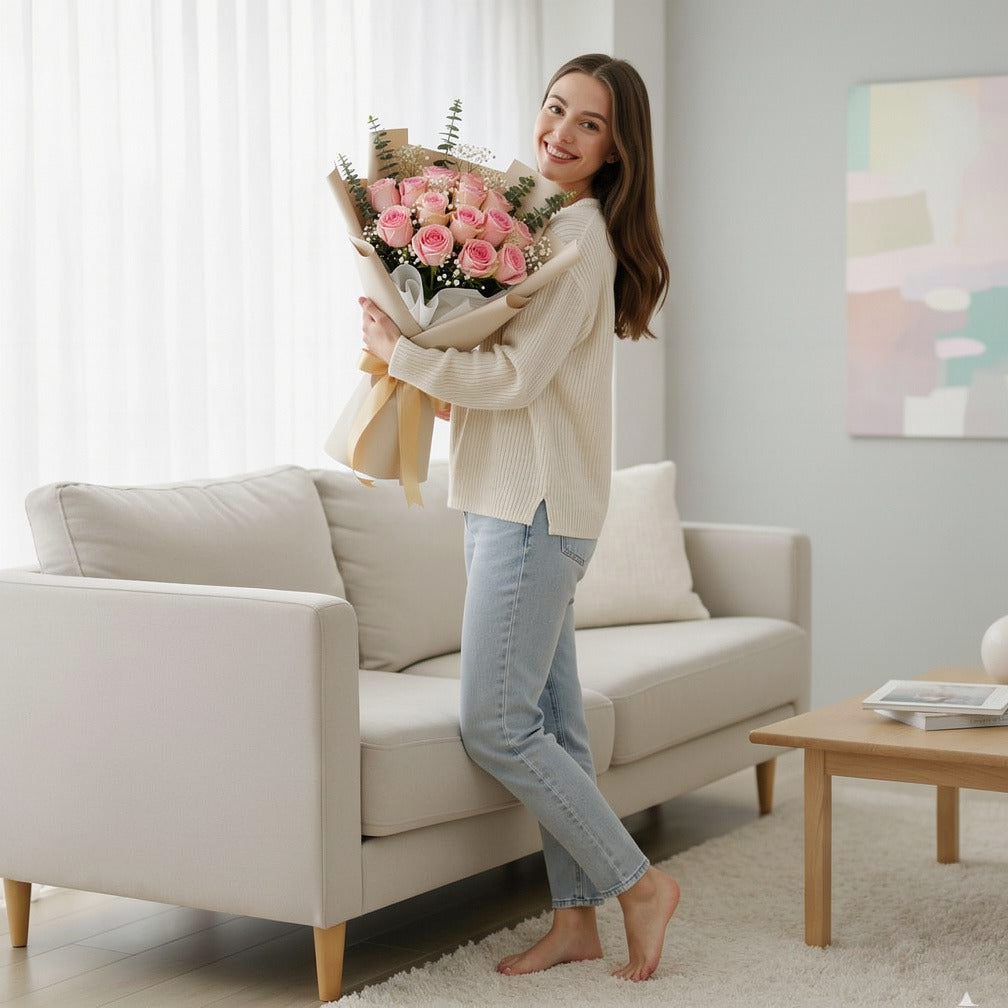 15 Pink Rose Bouquet for Anniversary held by a model, view 2