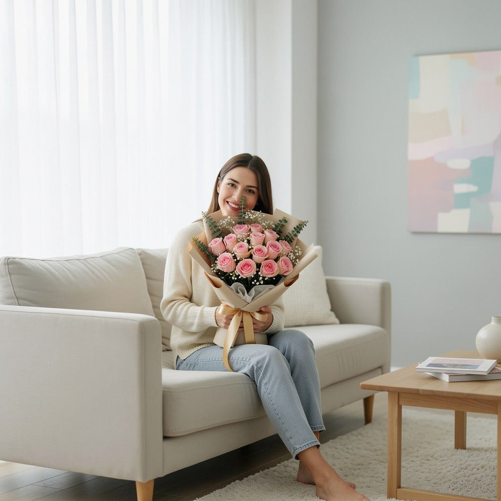 15 Pink Rose Bouquet for Anniversary held by a model, view 3
