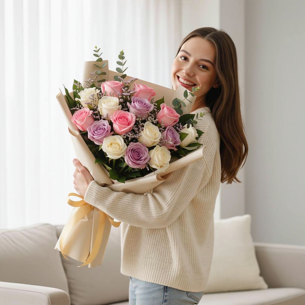 15 Pink, White & Purple Rose Bouquet for Anniversary held by a model, view 1