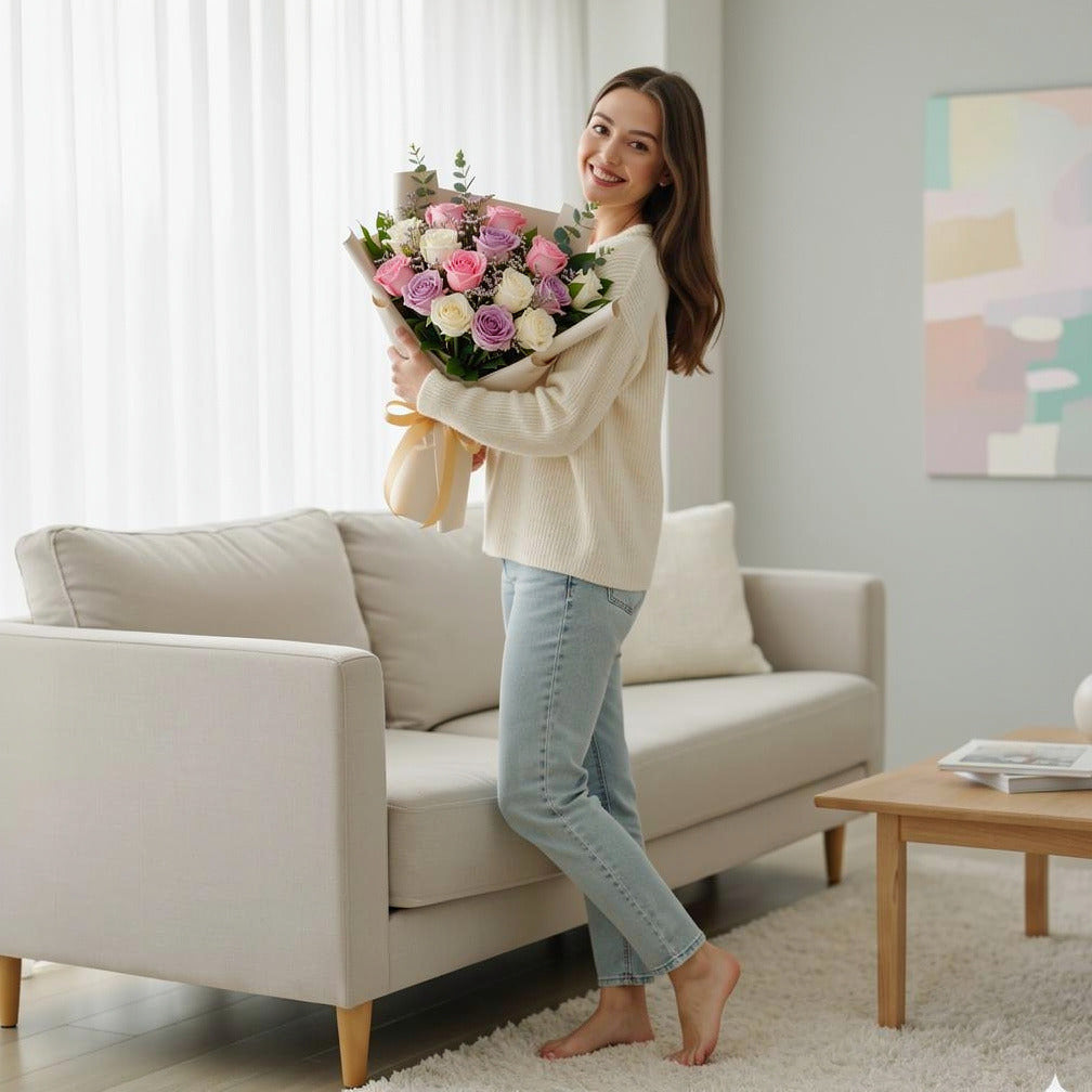 15 Pink, White & Purple Rose Bouquet for Anniversary held by a model, view 2