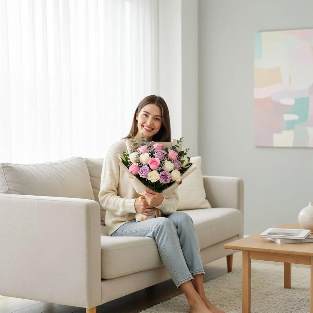 15 Pink, White & Purple Rose Bouquet for Anniversary held by a model, view 3