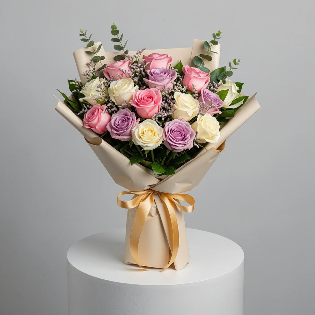 15 Pink, White & Purple Rose Bouquet for Anniversary