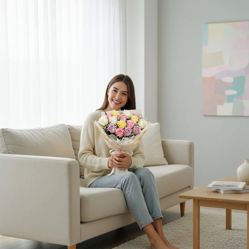 15 Pink, Yellow, White & Purple Rose Bouquet for Birthday held by a model, view 3
