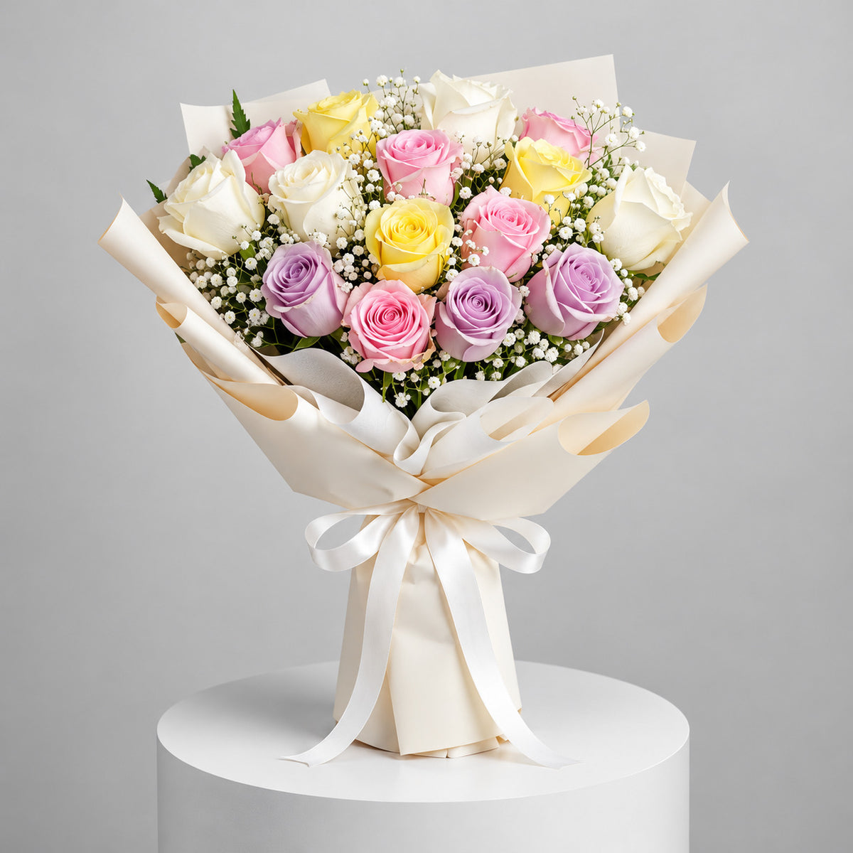 15 Pink, Yellow, White & Purple Rose Bouquet for Birthday