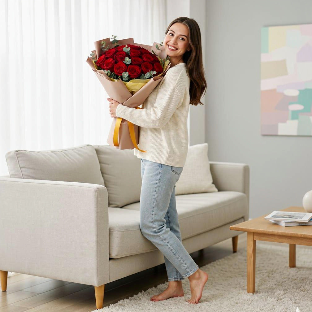 15 Red Roses Bouquet for Anniversary held by a model, view 2