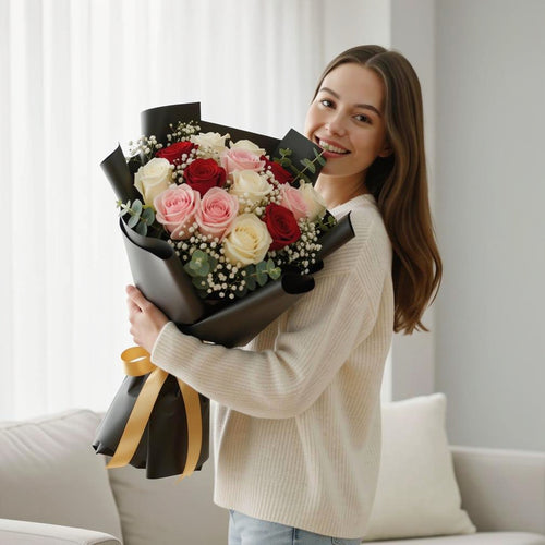 15 White, Red & Pink Rose Bouquet for Birthday held by a model, view 1