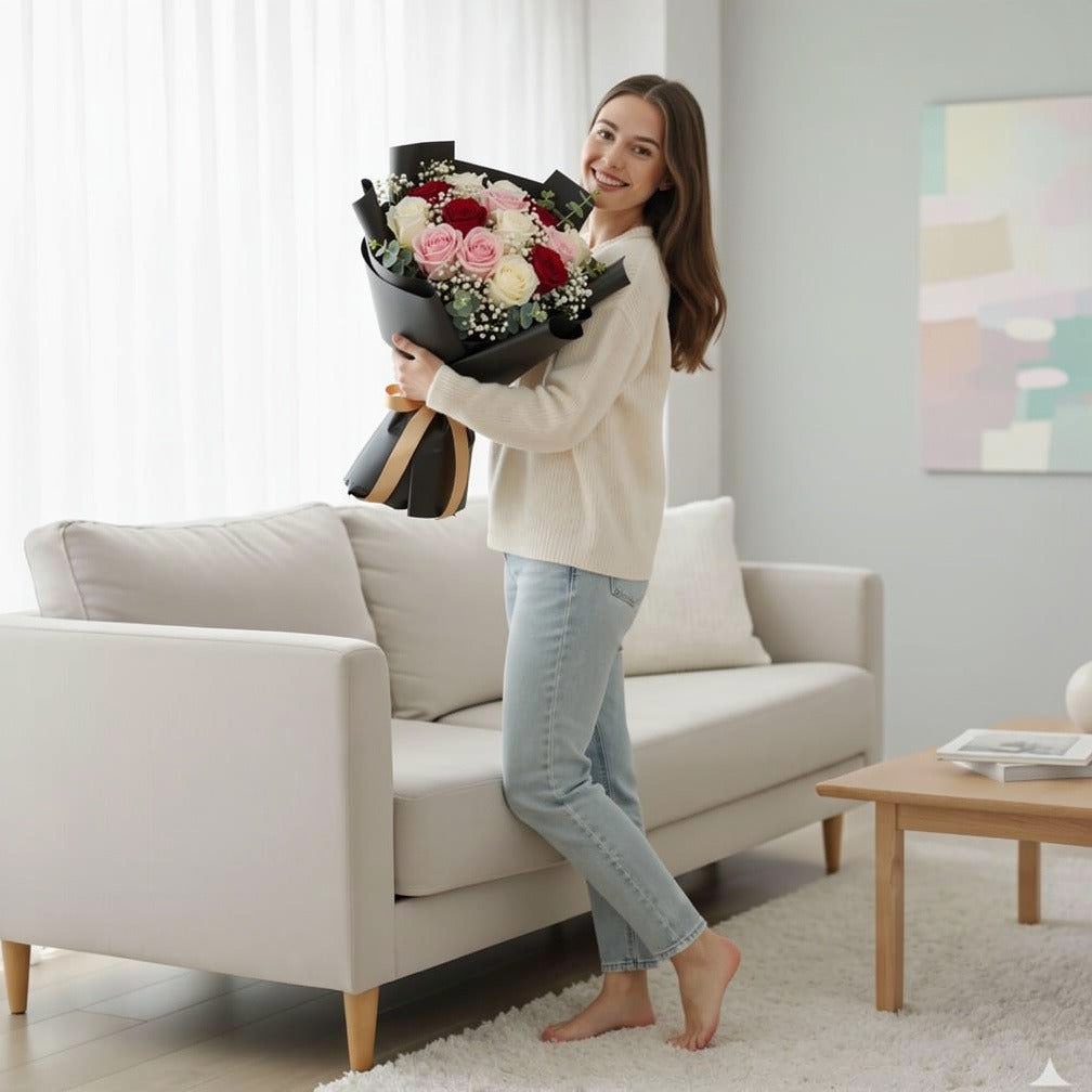 15 White, Red & Pink Rose Bouquet for Birthday held by a model, view 2
