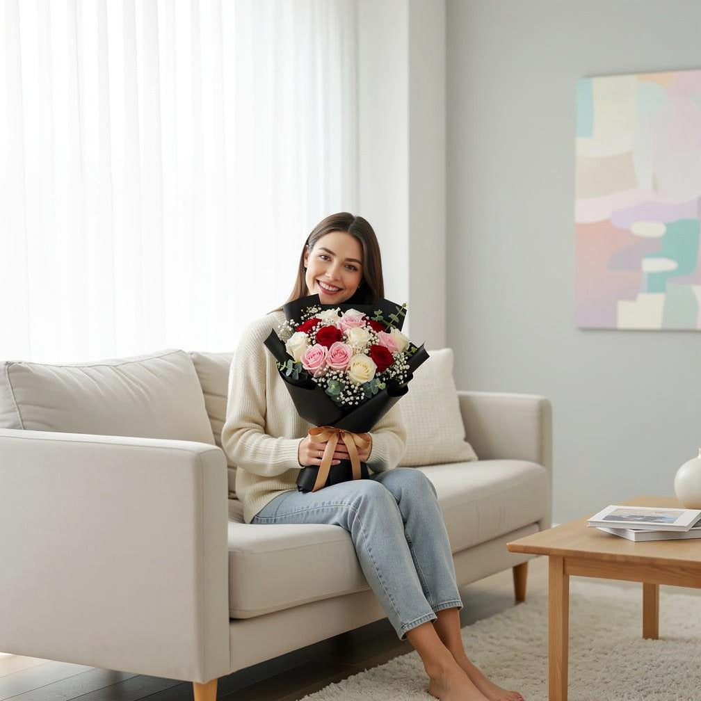 15 White, Red & Pink Rose Bouquet for Birthday held by a model, view 3