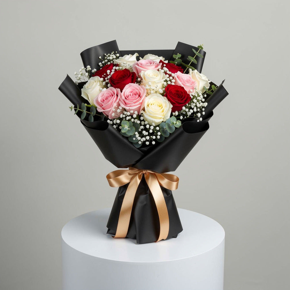 15 White, Red & Pink Rose Bouquet for Birthday