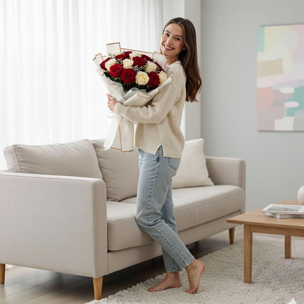 16 Red & White Rose Bouquet for Anniversary held by a model, view 2