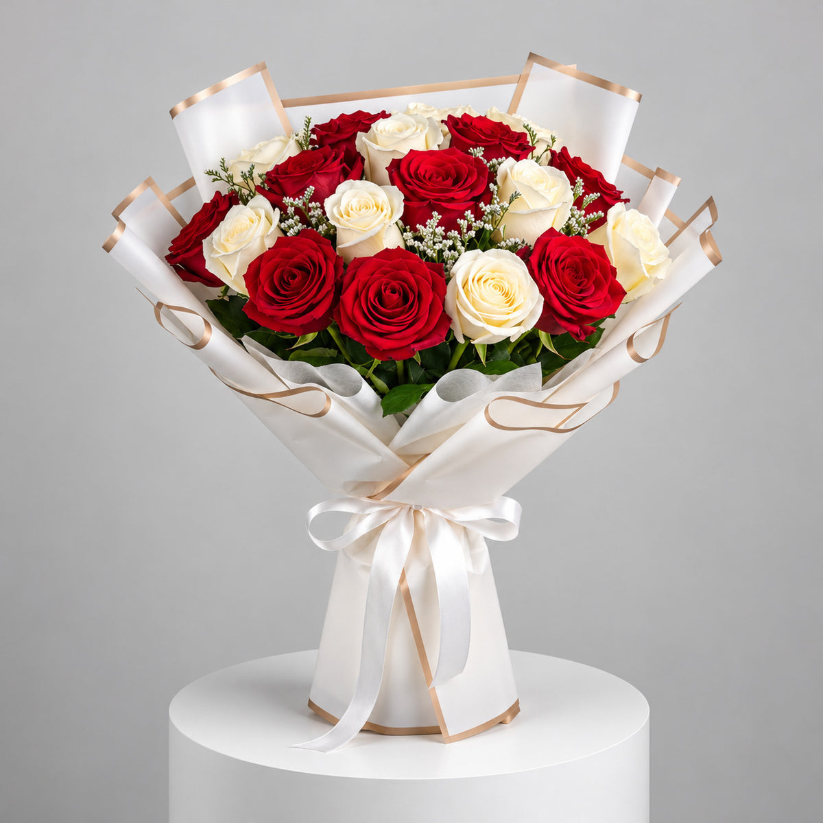16 Red & White Rose Bouquet for Anniversary
