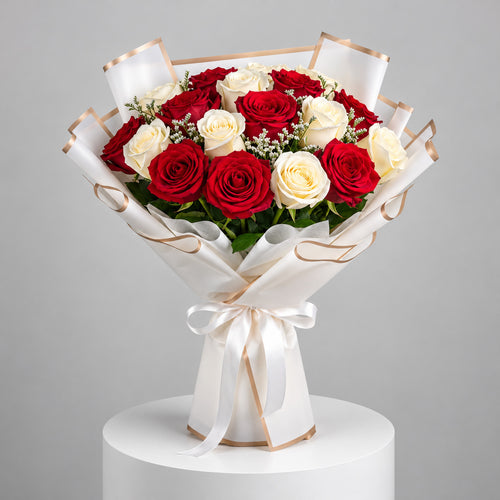 16 Red & White Rose Bouquet for Anniversary