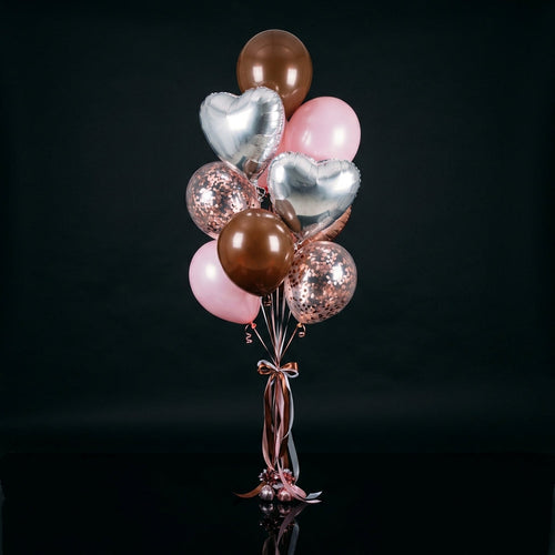 2 Brown & 2 Pink Helium Balloons with 2 Silver Heart Balloons & 3 Pink Confetti Balloons bloomsandbeansae