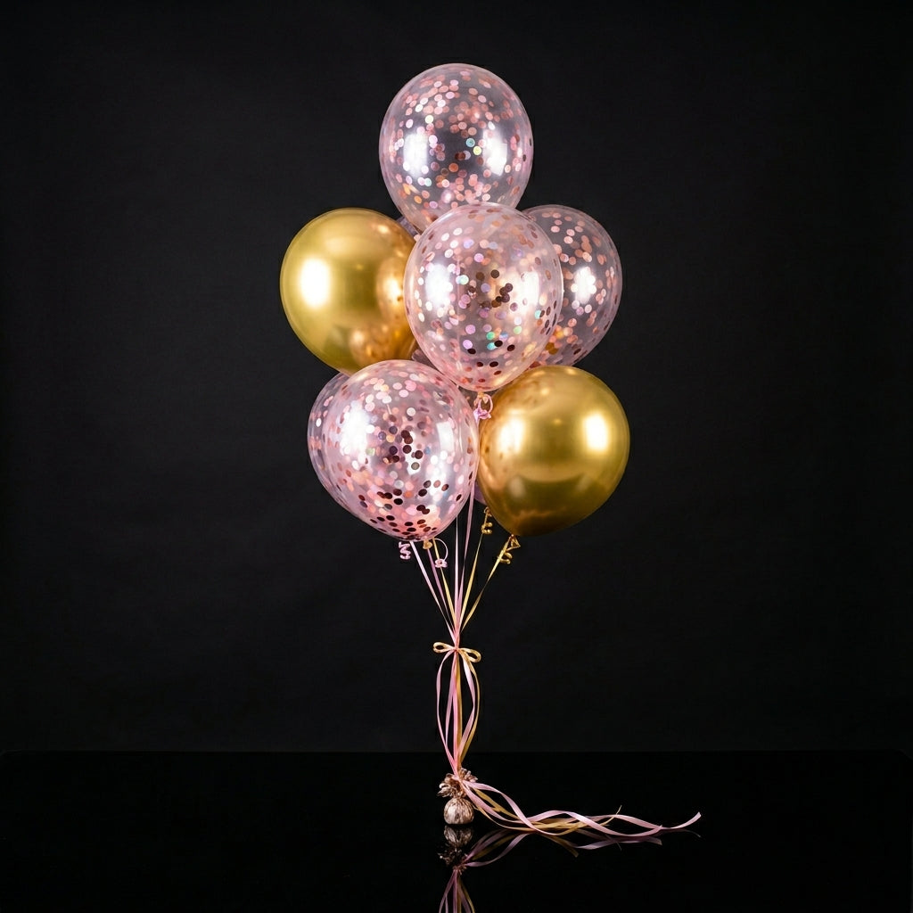 2 Golden Foil Balloons with 5 Pink Confetti Balloons bloomsandbeansae