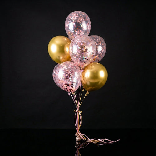2 Golden Foil Balloons with 5 Pink Confetti Balloons bloomsandbeansae