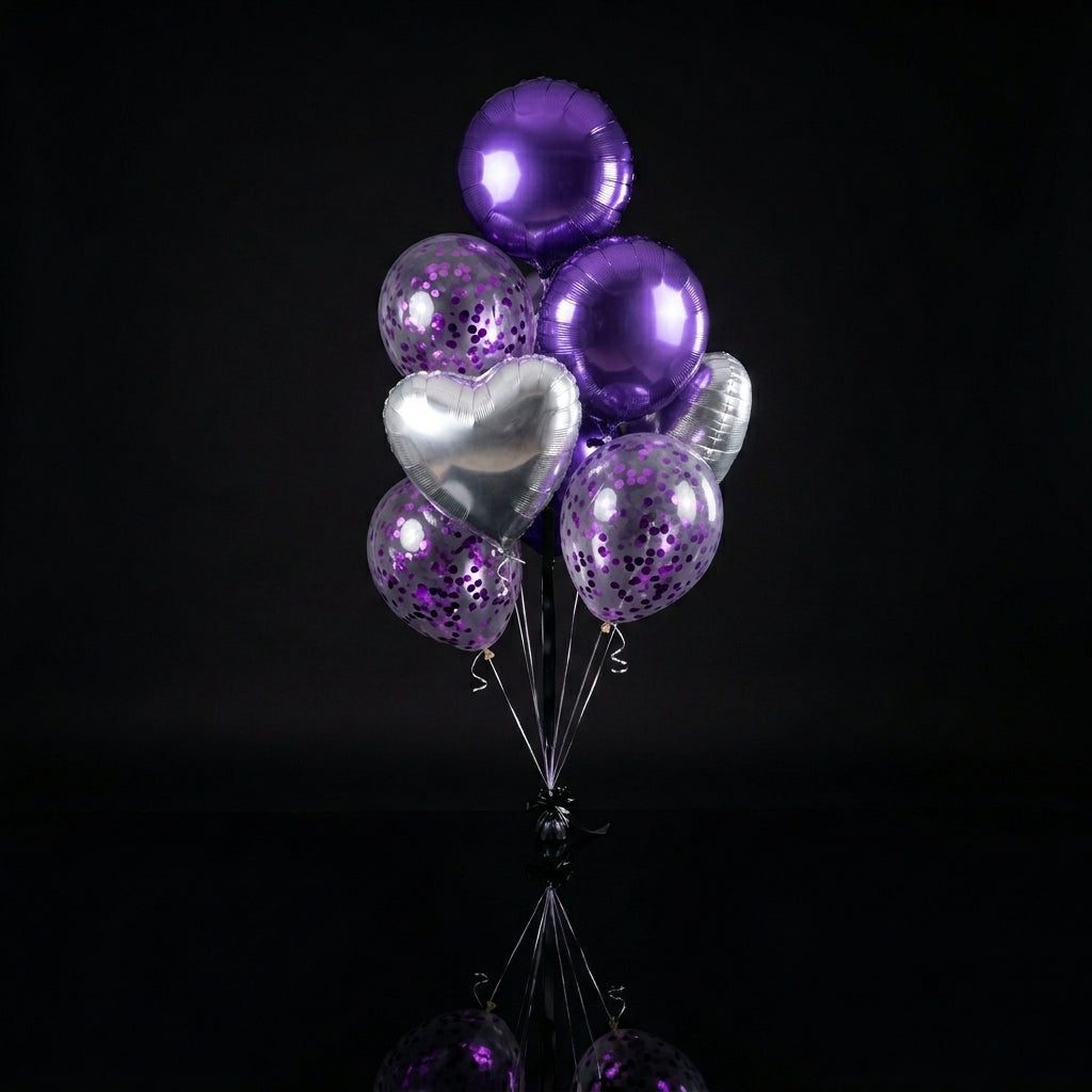2 Purple Foil Balloons with 2 Silver Heart-Shaped Foil Balloons & 3 Purple Confetti Balloons bloomsandbeansae