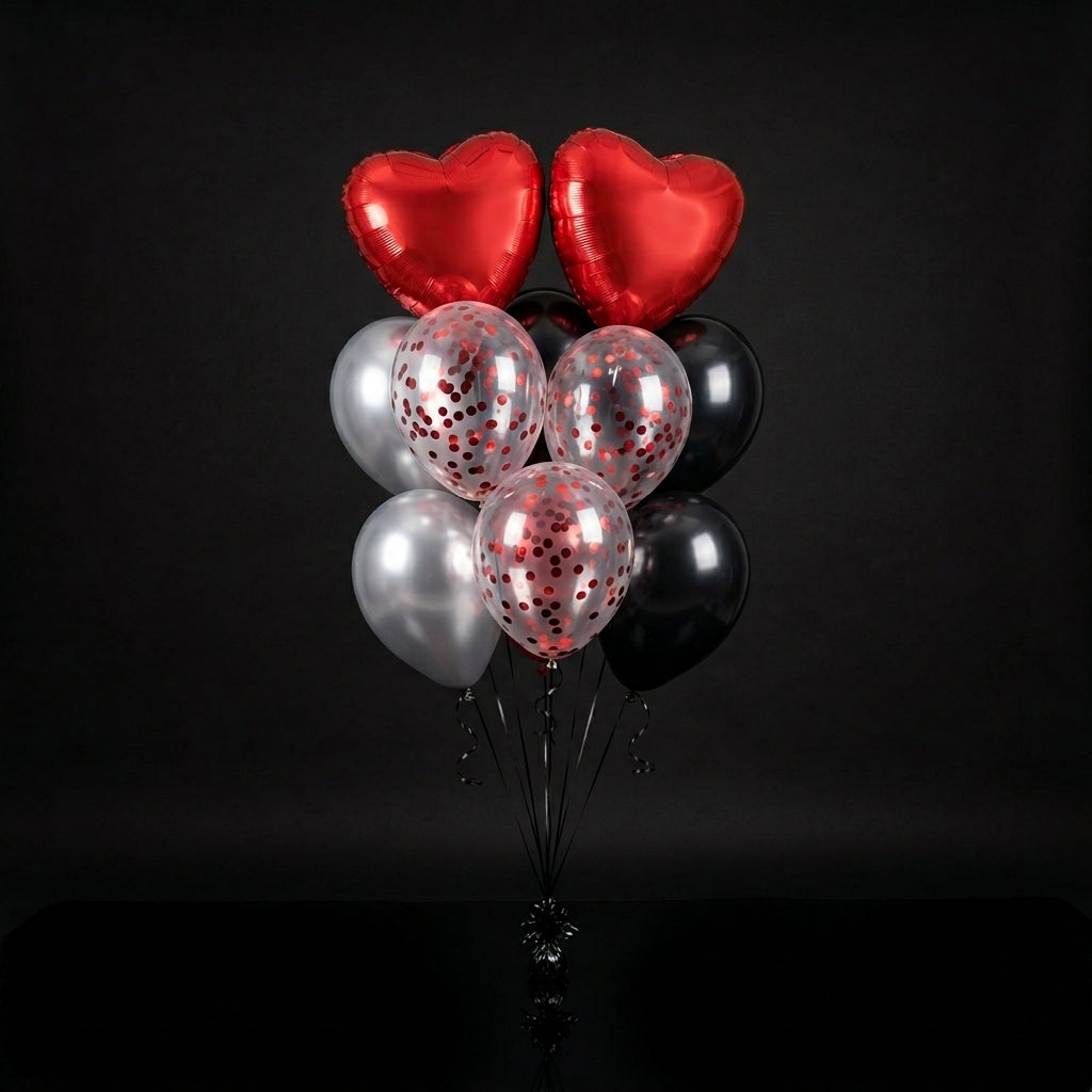 2 Red Heart, 2 Black & 2 Silver Round Helium Foil Balloons with 3 Red Confetti Balloons bloomsandbeansae