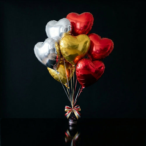 2 Silver, 2 Golden & 3 Red Heart-Shaped Helium Foil Balloons Set bloomsandbeansae